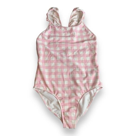 $65 Polo RALPH LAUREN Girls 12 PINK Plaid One Piece SWIMSUIT Ruffle Straps NWOT - Picture 1 of 5